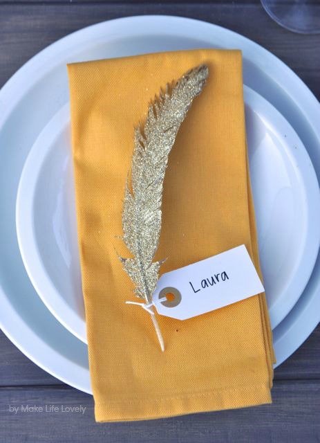 Gold Glittered Feather Thanksgiving Name Cards - Make Life Lovely